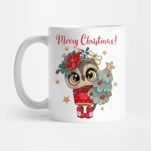 Cute owl holds a Christmas tree and the inscription merry Christmas Mug